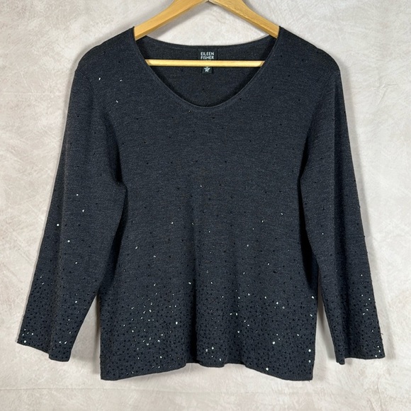 Eileen Fisher 100% Merino Wool Sweater Womens PL Sequins VNeck Festive Luxury - Picture 1 of 10